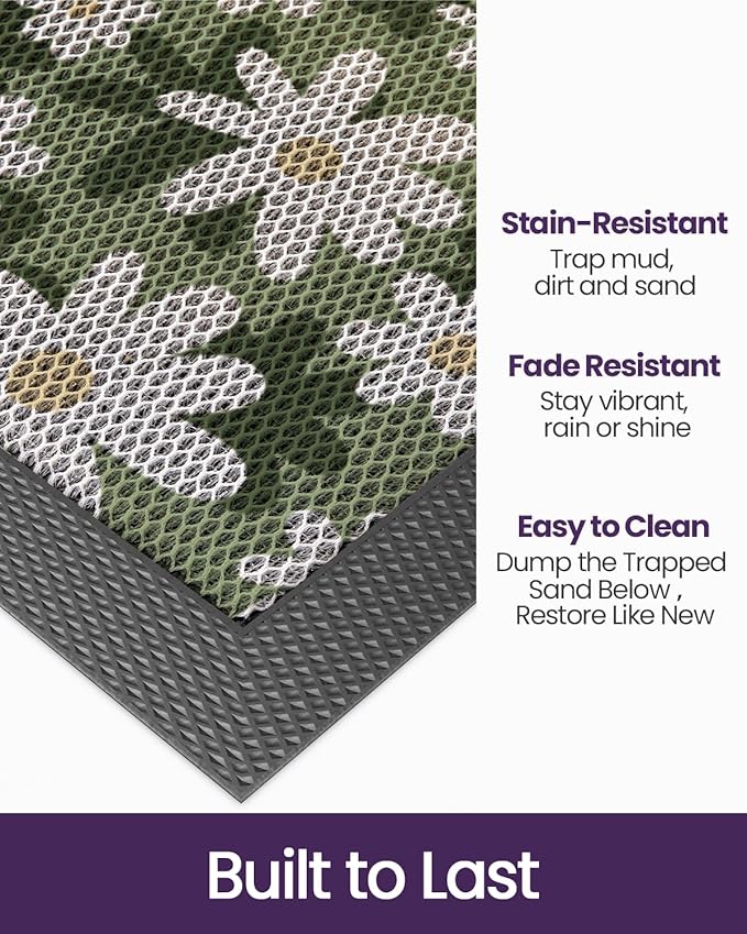 DEXI Front Door Mat Outside Entrance, 17x30 Spring Flower Welcome Doormat, Non Slip Dirt Resist Heavy Duty Entry Mats for Entryway, White and Green