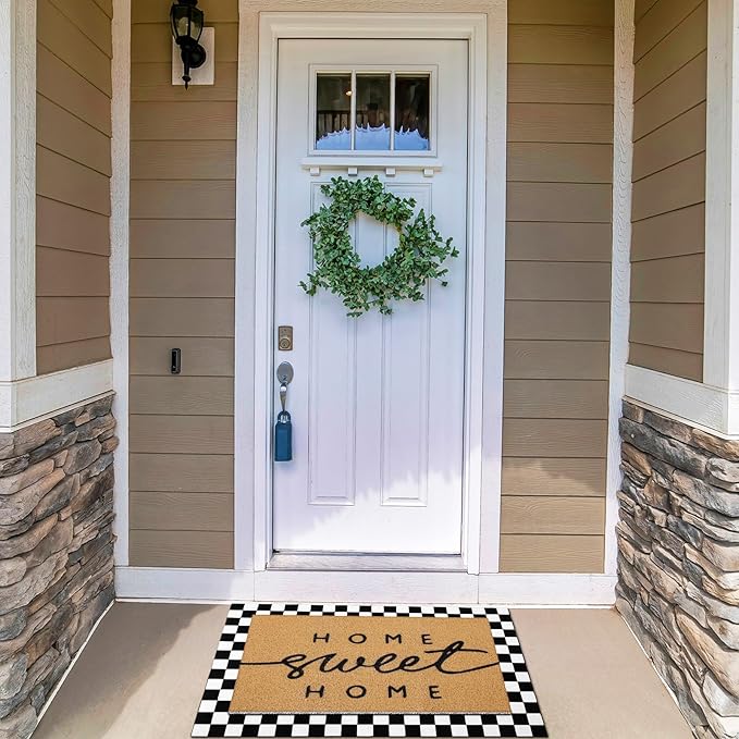 Tinideya 2 Pcs Summer Door Mat Non Slip Wildflower Coastal Hello Sunshine Sweet Home Ocean Pet Welcome Floor Doormat Buffalo Plaid Checked Stripe Mat Seasonal for Front Porch Entryway(Home Sweet)
