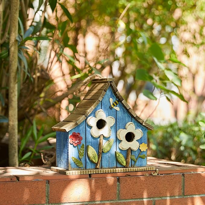 Glitzhome Hanging Birdhouses for Outdoors, 10.75" L Distressed Solid Wood Birdhouse Bird Nesting Box with 3D Flowers Rustic Hand-Painted Bird Houses for Outside
