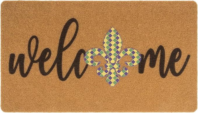 Mardi-Gras-Welcome-Doormat Outdoor-Entrance Fleur-De-Lis Door Mat Non Slip Coir Holiday Mats for Carnival Home Decor