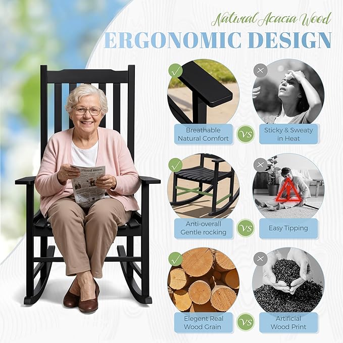 Flamaker Acacia Wood Patio Rocking Chair Set of 2, High Back and Widen Armrest for Adults, Solid Wood Porch Rocking Chair for Lawn, Garden, Backyard (Black)