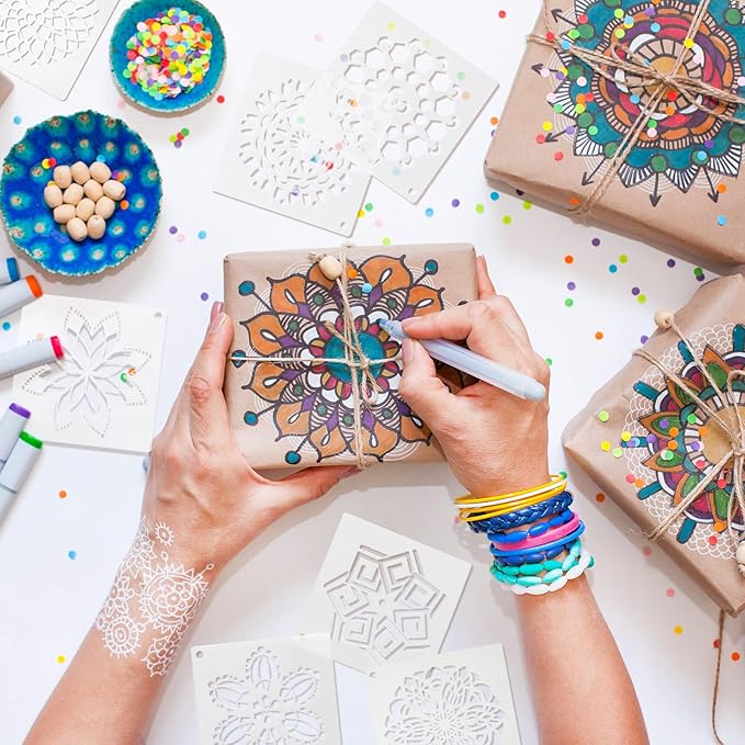 Marspark 66 Pcs Spring Easter Small Stencils for Crafts Reusable 3 Inch Stencils for Painting on Wood DIY Craft Paint Template for Wall Home Decor Card Rock Canvas Drawing Holiday (Mandala)