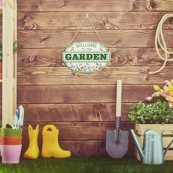 HOURIA 3D Welcome to Our Garden Wood Sign,(11.4”x8”) Gardening Yard Greenhouse Decor,Sage Green Gardening Sign, Flowers Butterfly Garden Decorations for Outside Indoor,Gardening Gifts