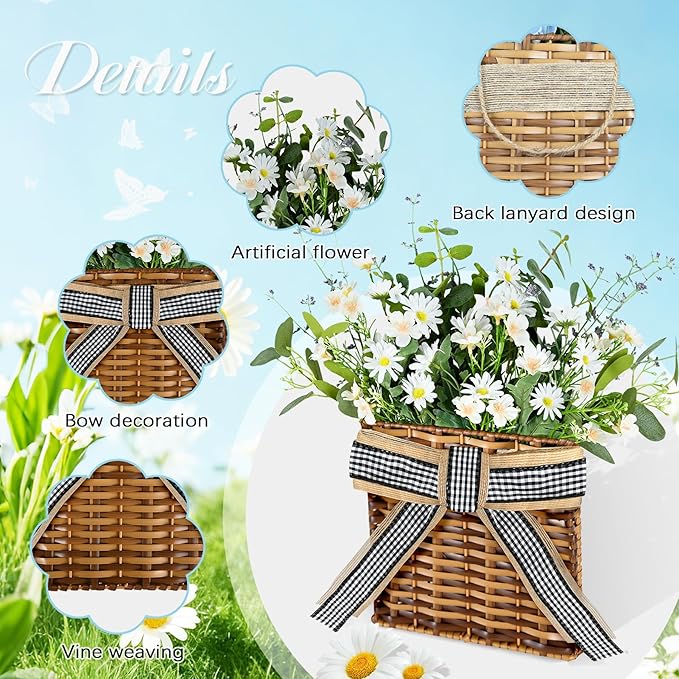 White Daisy Wreath Spring Door Hanger Basket Wreath, Artificial Spring Summer Flowers Wreaths with Green Eucalyptus Leaves and Lavender for Front Door Farmhouse White Wreaths Indoors Outdoor Decor
