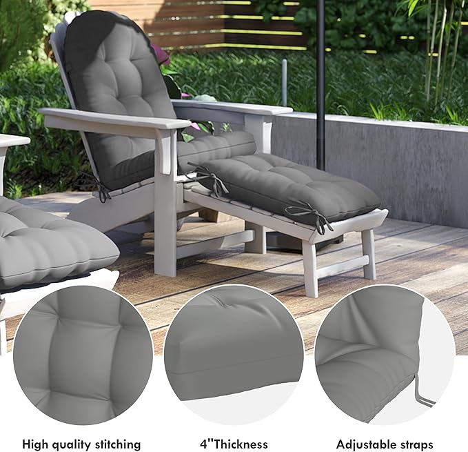 Adirondack Chair Cushion with Ottoman, Folding Adjustable Adirondack Seat Cushions, Waterproof Adirondack Patio Chair Pads for Garden, Deck, or Poolside, Large-Gray-1