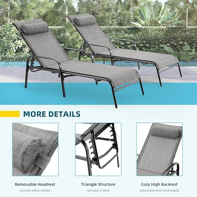 EROMMY Pool Chaise Lounge Chair Set of 2, Outdoor Lounge Chairs with Adjustable Backrest, Waterproof Upgraded Patio Lounge Chairs for Beach Yard Poolside