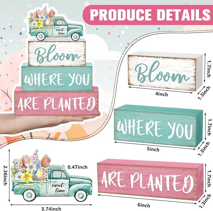 4 Pcs Spring Table Decorations Wooden Truck Floral Block Sign Rustic Flower Tabletop Centerpiece Farmhouse Distressed Easter Spring Decor for Home Office Desk Tiered Tray Decor