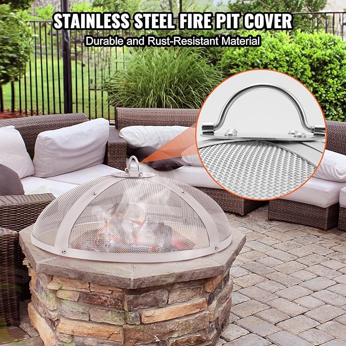 VEVOR Fire Pit Spark Screen Round 27", Reinforced Heavy Duty Steel Metal Cover, Outdoor Firepit Lid, Easy-Opening Top Screen Covers Round with Ring Handle for Outdoor Patio Fire Pits Backyard