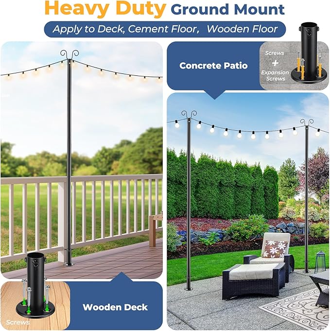 Adjustable String Light Pole 8 FT, 1 Pack Heavy Duty 38mm Rustproof Metal Mounting Pole for Deck, Fence, Patio - Dual Installation Garden Light Holder