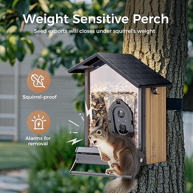 TT Nature Upgrade Squirrel-Proof Bird Feeder with Camera, Solar Powered, Smart AI Bird Species Recognition, Instant Notification, CCPA Data Security, Bamboo 3.2L Large Capacity, Ideal Gift