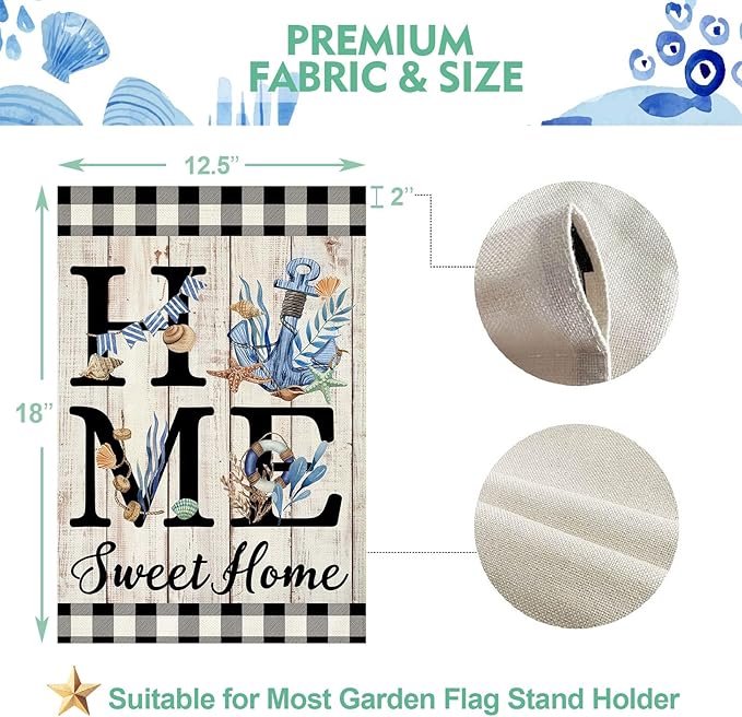ORTIGIA Beach Garden Flag 12.5 x 18 Inch Double Sided Burlap Home Sweet Home Blue Anchor Starfish Seashell Coastal Ocean Small Yard Flag Summer Holiday Seasonal Outdoor Outside Decoration