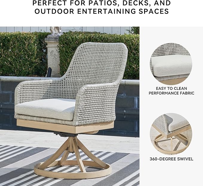 Signature Design by Ashley Seton Creek Cottage Nuvella Weather Resistant Fabric Outdoor Swivel Dining Chair with Cushion, Set of 2, Light Brown & Light Gray