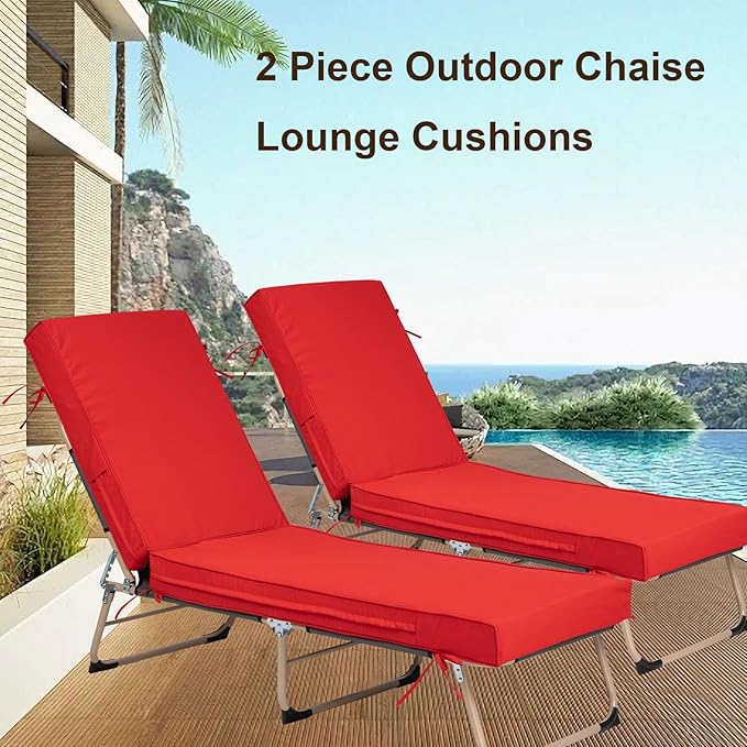 Chaise Lounge Cushions Outdoor Set of 2, Waterproof & Fade Resistant Patio Lounger Cushions, Replacement Sun Lounger Pads with Removable Cover for Pool, Deck, Lawn Furniture