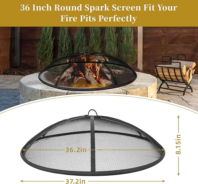 36Inch Round Fire Pit Spark Screen Cover,Outdoor Patio Mesh FirePit Screens,Heavy Duty Steel Domed Fire Pit Ember Guard with Handle