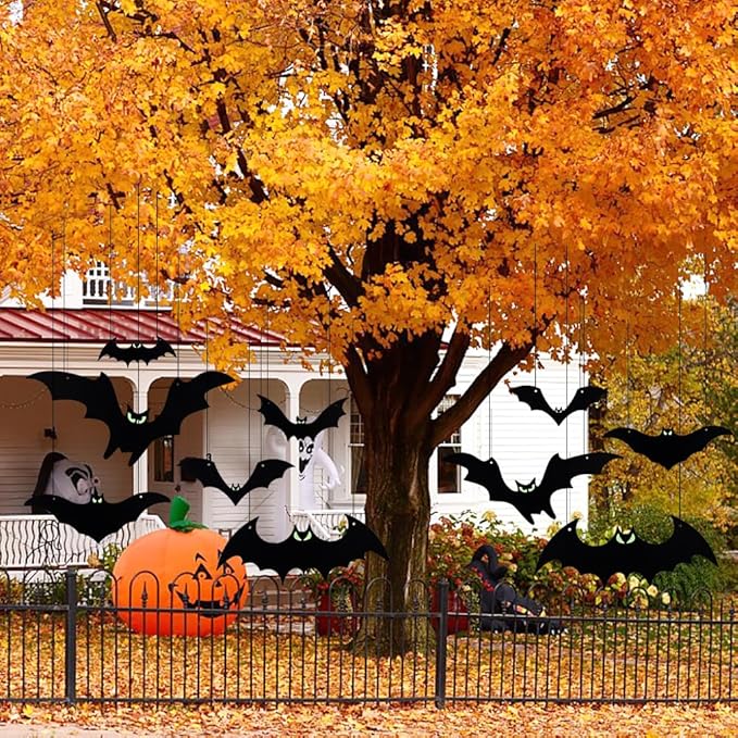 Hanging Bats Halloween Decorations Outdoor - 16 Pack Glowing Eyes Large Flying Bats 5 Different Size, Waterproof Plastic Realistic Black Bats Hanging in Tree Outside Halloween Decoration for Porch
