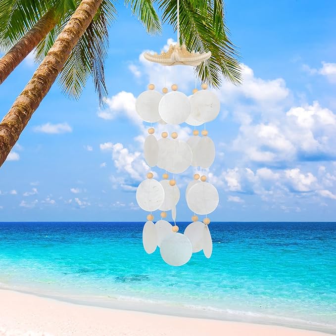 Seashells Wind Chimes - Handcrafted White Capiz Shells Windchime with Starfish, Bohemian & Coastal Style Decor for Indoor/Outdoors, Garden Decor, Great Gift for Women, Wind Chimes Lovers and More