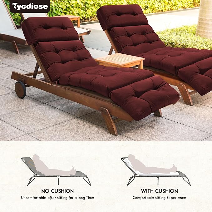 Chaise Lounge Cushions Outdoor Set of 2, 74.4 x 22 x 4.7 Inches Thickened Lounge Chair Cushions Waterproof for Outdoor Furniture with Ties, Non-Slip Patio Pool Chaise Lounge Cushions, Red