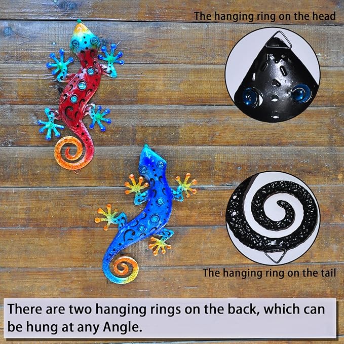 Metal Lizard Outdoor Decor Metal Gecko Wall Art Hanging Garden Fence Yard Patio Set of 2