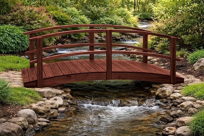 10 FT MAHOGANY Amish Made Garden Bridge with DOUBLE RAILS for Walkway, Backyard Pond & Landscaping, Outdoor Wooden Footbridge for Koi Pond, Japanese Style Decorative Bridge, Made in USA