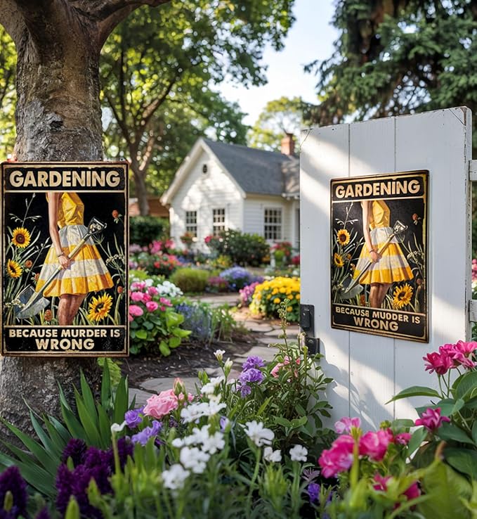 Funny "Gardening Because Murder Is Wrong" Metal Yard Sign: Vintage Garden Decor for Outside Patio, Porch, and Backyard, Women's Gifts for Plant Lovers, Outdoor Greenhouse Accessories
