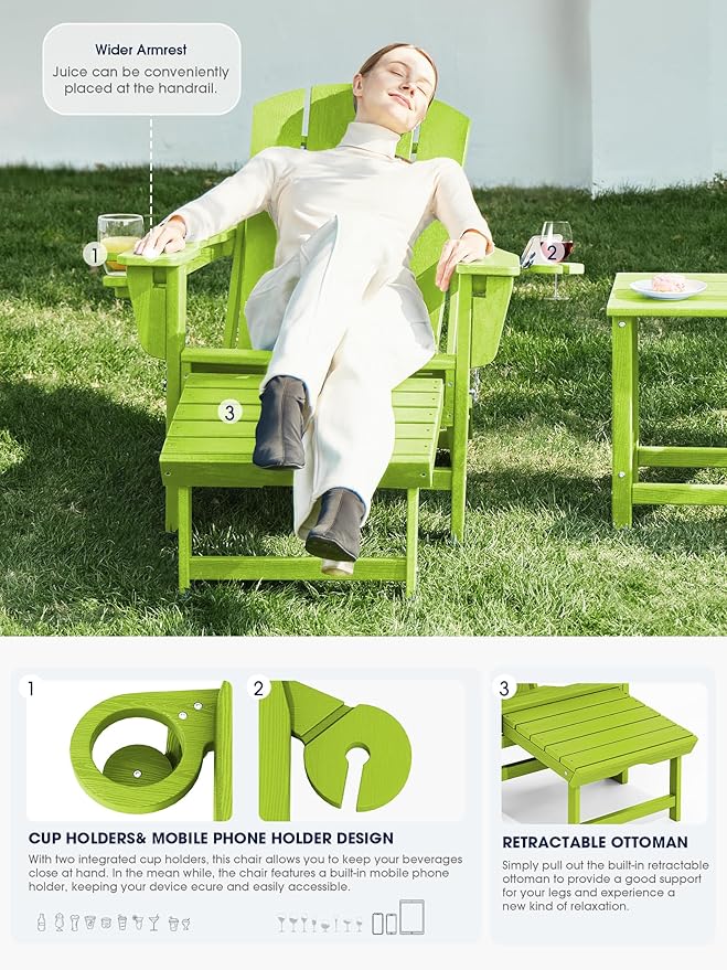 KINGYES Folding Adjustable Adirondack Chair with Ottoman & 2 Cup Holders Set of 2, HDPE Adirondack Recliner Chair with Footrest, Apple