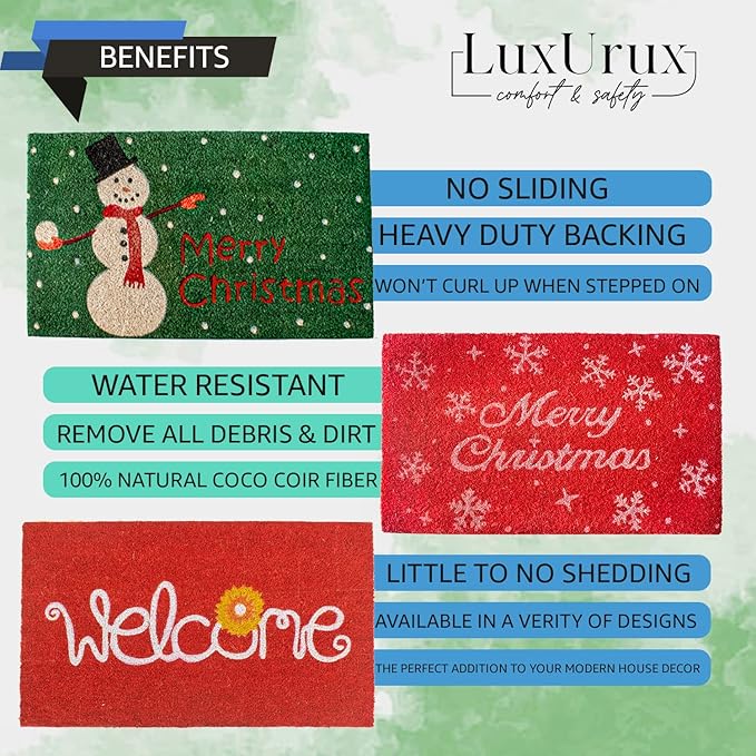 LuxUrux Premium Christmas Door Mat Outdoor - Elegant Coir Holiday Door Mat, Absorbent and Non-Slip for Outdoor Entrances Front Door- Merry Christmas. (Merry Christmas-Script)