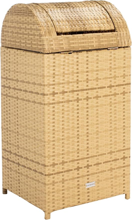 SAFAVIEH Outdoor Collection Mazeli Natural Woven Swing Top Dome Lid Trash Bin (Fully Assembled) PAT7511D