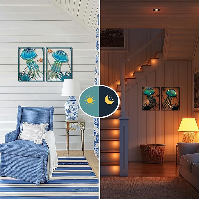 LIFFY Metal Jellyfish Wall Decor with Frame-Outdoor Wall Art,Jellyfish Wall Decor with LED Fairy Light,Glass Art Wall Sculpture, Wall Decor for Pool,Beach Wall Hanging, Home Gifts(2pcs, Blue)