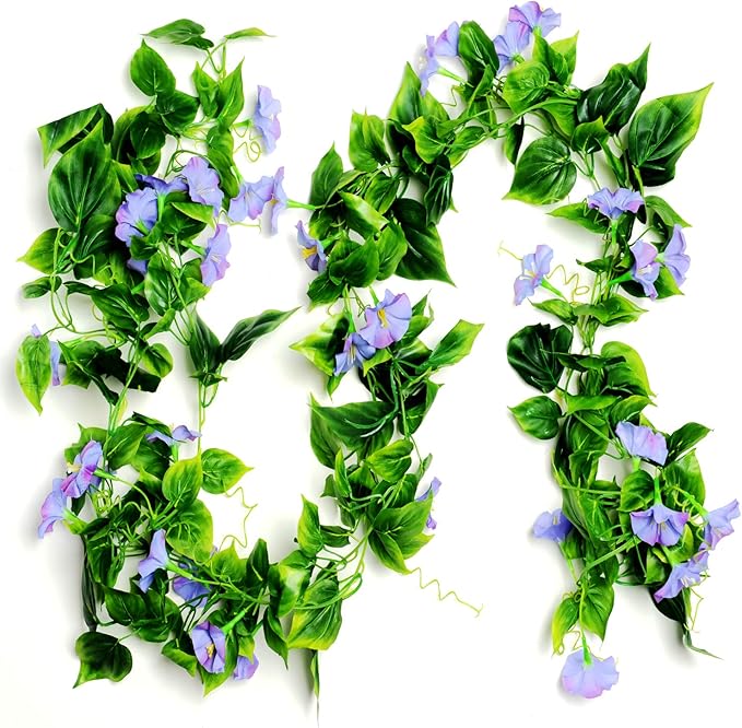 AirSun Artificial Morning Glory Flower Vines, 2pcs 15Feet Hanging Plants Silk Garland Fake Green Plant Home Garden Wall Fence Indoor Outdoor Wedding Birthday Decor