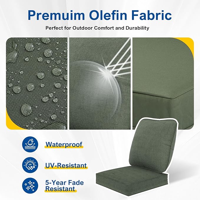 Outdoor Deep Seat Cushions Set of 2 for Patio Furniture, Waterproof & Fade Resistant Replacement Cushions with Removable Covers, 24 x 24 Inch, Dark Green