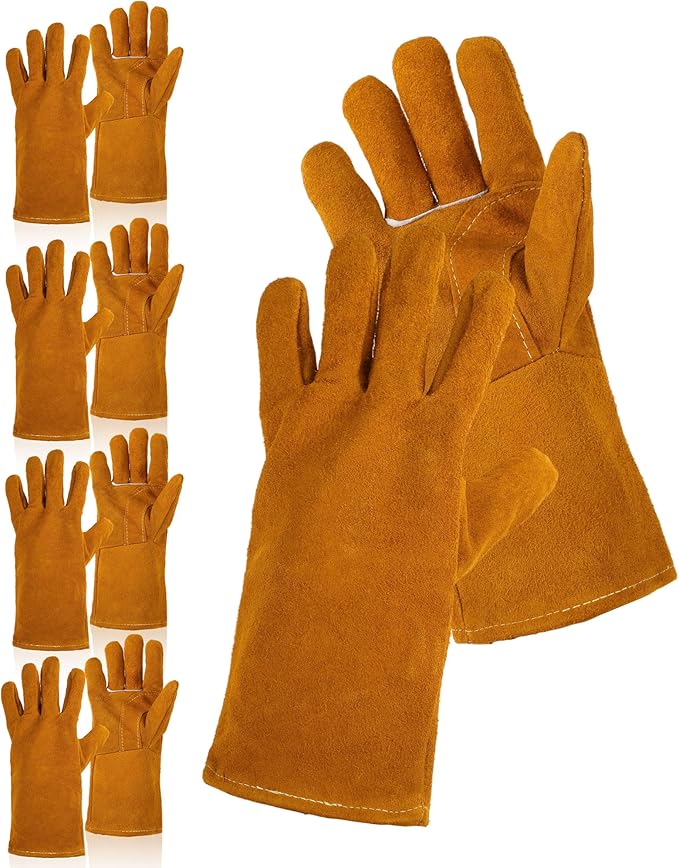 Mepase 4 Pairs Leather Welding Gloves 14 Inch Gardening Gloves for Men Women Heat/fire Resistant Stitching Mitts for Oven/grill/fireplace/furnace/stove/pot Holder/wood Burner/animal Handling, Tan