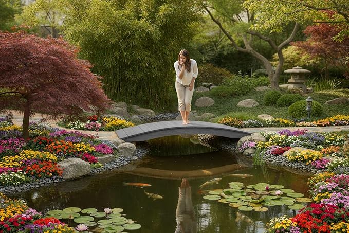 6 FT Grey Amish Made Pinewood Heavy Duty Garden Bridge for Walkway, Backyard Pond & Landscaping, Outdoor Wooden Footbridge for Koi Pond, Japanese Style Decorative Bridge, Made in USA