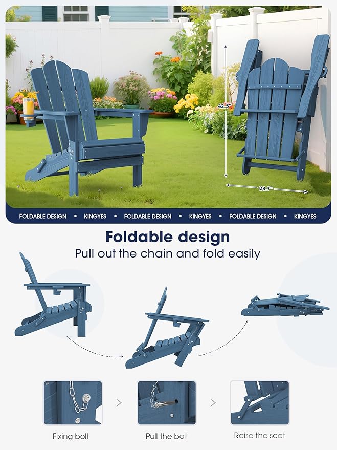 KINGYES Folding Adirondack Chair, HDPE All-Weather Patio Chairs with Cup Holder, Wooden Textured Fire Pit Chairs for Poolside, Backyard, Deck, Navy