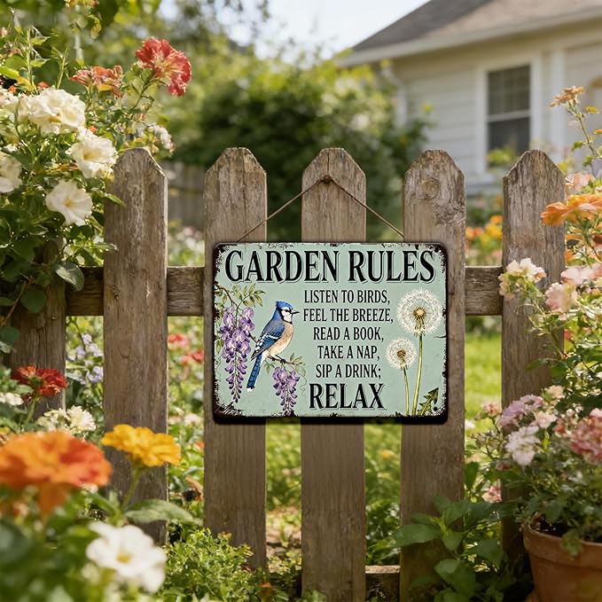 Garden Rules Tin Sign Vintage Metal Plaque for Patio Porch Yard She Shed Home Outdoor Wall Decor 16x12 Inch