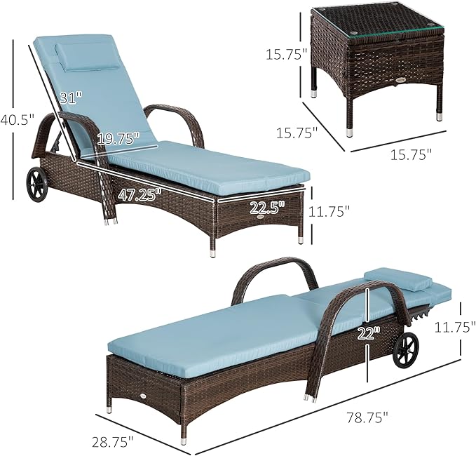 Outsunny Wicker Outdoor Chaise Lounge Chair Set of 3 with Side Table, 5-Level Adjustable Backrest PE Rattan Pool Lounge Chair with Wheels, Cushion & Headrest, Brown and Gray