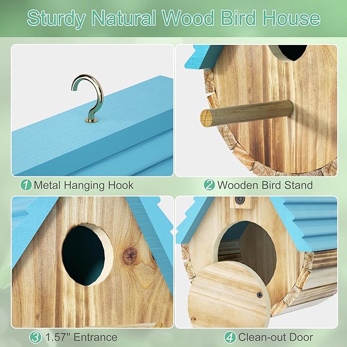 Bird House, Auslar Wooden Bird Houses for Outside, Birdhouse for Outdoors, Hanging Bluebird House for Cardinals Finch Wren Swallow for Garden Viewing