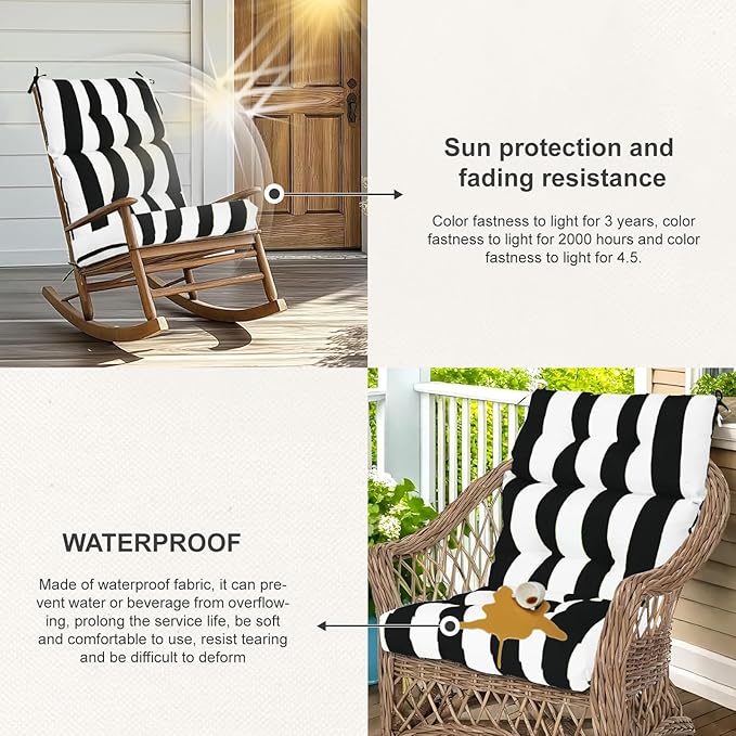 Outdoor High Back Chair Cushions 2-Pack, 44"x22"x 4" Fade-Resistant Waterproof Tufted Pads with Ties for Patio Rocking & Adirondack Chairs (Black White)