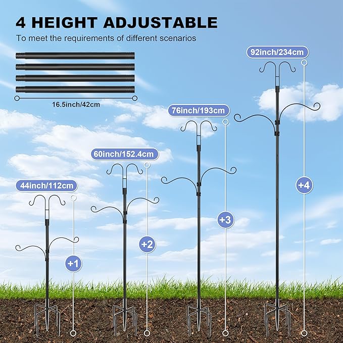Bird Feeder Pole with 4 Multiple Shepherds Hooks for Outdoor, Heavy Duty Standing Bird Feeding Station Pole - 92 Inch Height Adjustable Bird Feeder Stand with 5 Prong Base for Large Bird Feeders