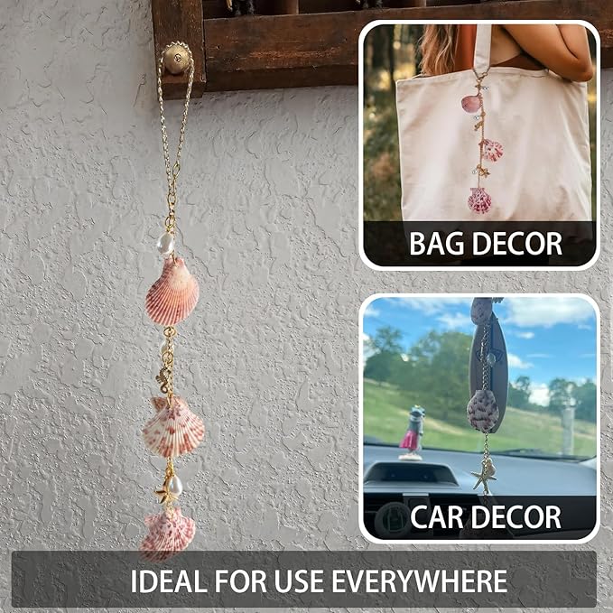 Sea Shells Car Decor,Cute Coastal Hanging Car Charm for Rear View Mirror, Boho Beach Themed Pendant,Hand-Made Starfish Conchas Ornament Accessories for Women
