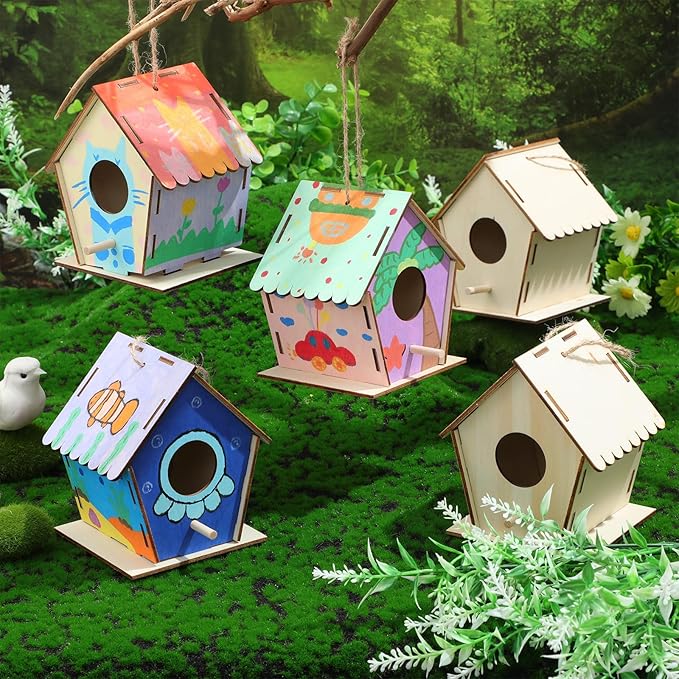 60 Pack 4. 3" Wooden Bird Houses Bulk for Kids with Front Perch Peg, DIY Kid Art Craft Outdoor Birdhouse Kit Unfinished Hanging Birdhouse Class Activity for Girls Boys to Build and Paint