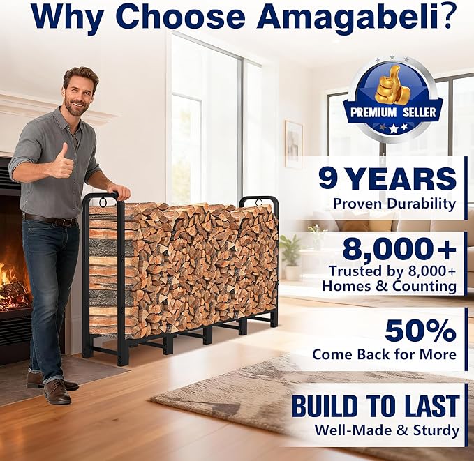 Amagabeli 5ft Firewood Log Rack Outdoor Heavy Duty Logs Holder for Fireplace Indoor Outdoor Adjustable Wood Racks for Fire Wood Holder Metal Pile Stand Storage Stacker Organizer Black