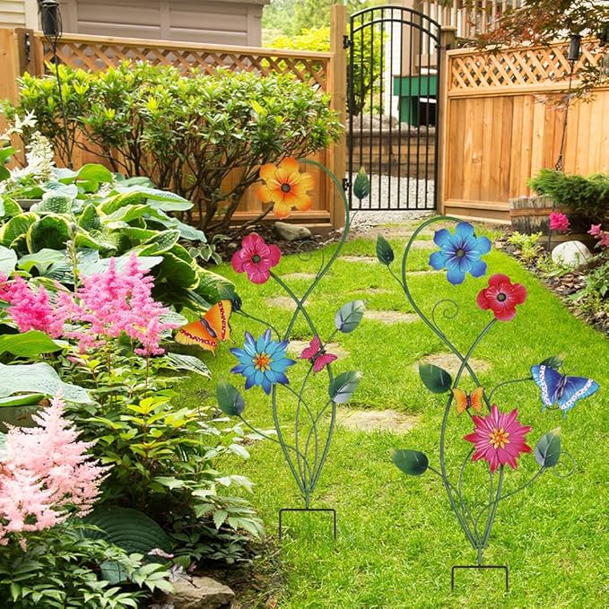 YEAHOME Garden Decor for Outside, 2 Pack 37“ Metal Butterfly Garden Stakes, Spring Wall Decor, Colorful Look & Personalities Flowers Yard Art for Outdoor Lawn Backyard Porch Patio Home Decorations