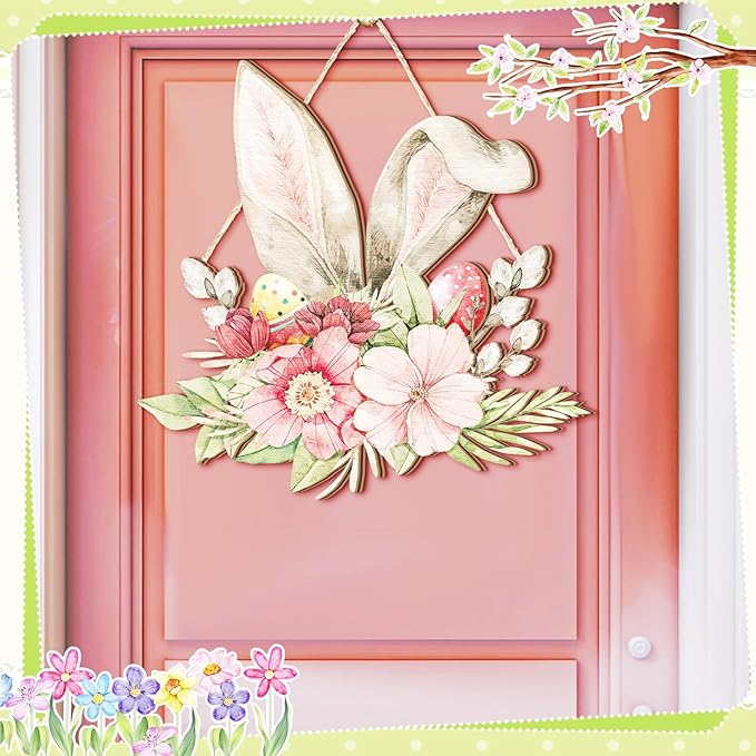 Juexica Easter Door Sign Bunny Ear Hanging Decor Easter Flower Wooden Sign Wall Hanging Decorations for Front Door Wood Porch Decor Wall Pediments