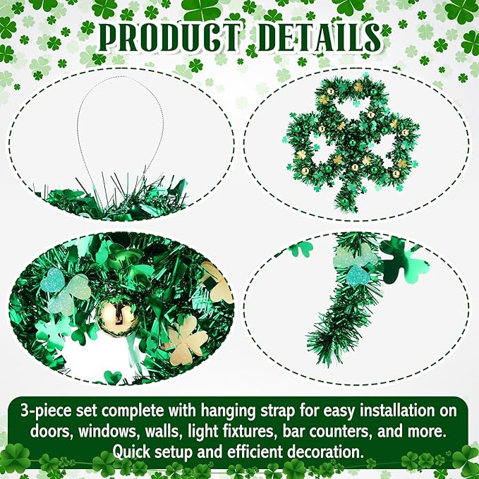 3 Pcs St. Patrick's Day Shamrock Tinsel Wreath 15.4" Large Irish Green Gold Lucky Clover Garland with Decorative Balls Thick Tinsel Hanging Decor for Front Door Outdoor Home Wall Window