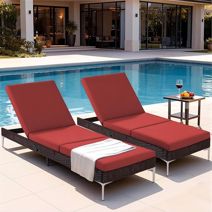 HOMREST Outdoor Lounge Chairs Set of 6, Patio Wicker Chaise Lounge with Removable Cushion, Rattan Pool Sunbathing Recliners with Adjustable Backrest (Burgundy)
