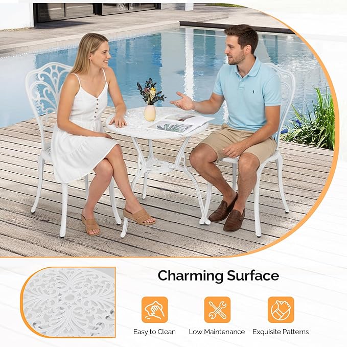 VINGLI 3 PCS Outdoor Bistro Set, Outdoor Patio Set, All-Weather Cast Aluminum Bistro Table Set, Bistro Table and Chairs Set of 2 for Backyard, Garden, Balcony (White, Butterfly)