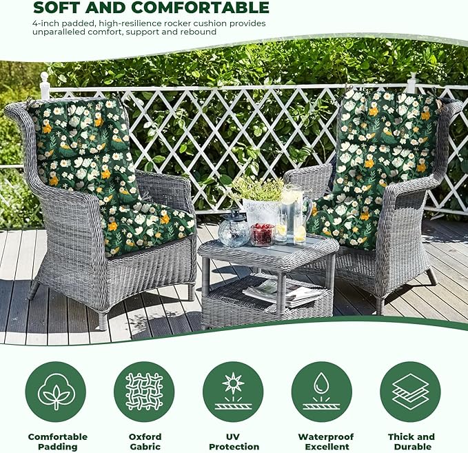 Outdoor/Indoor High Back Chair Cushion, Waterproof Outdoor Rocking Chair Cushion with Ties, Tufted Replacement Seat Cushions for Outdoor Furniture, Green Floral