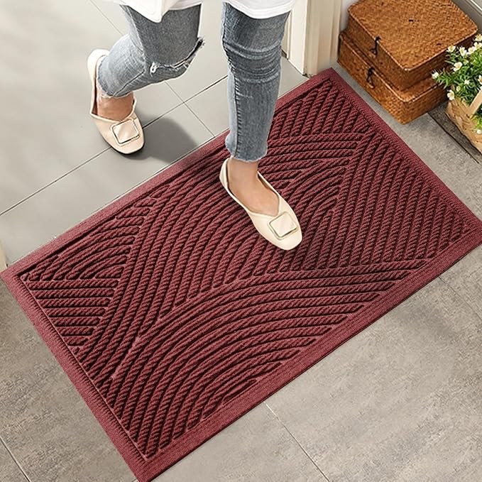 Sturdy Front Door Mat, Absorbent Muddy Dirt Resist Welcome Door Mats Outdoor Indoor, Stain and Fade Resistant, Non-Slip Backing Entry Mat Low Profile Doormat for Entryway, 36×24, Red