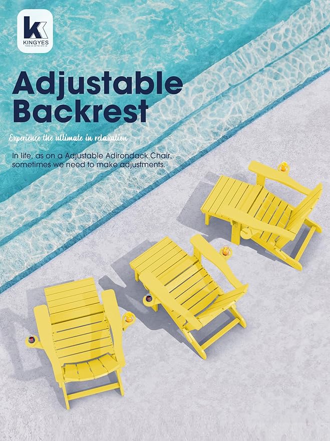 KINGYES Folding Adjustable Adirondack Chair with Ottoman & 2 Cup Holders, HDPE Adirondack Recliner Chair with Footrest, Yellow