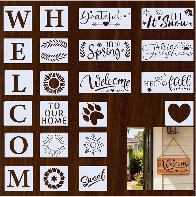 Welcome Stencils Set for Painting on Wood, Seasonal Letter Templates with Spring Summer Fall Winter Designs – 22 PCS Large PET Stencils for DIY Crafts, Signs, Home Décor, Porch, and Card Making